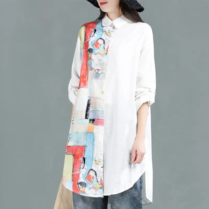 Ancient Coffee Retro Literary Medium-length Ramie Shirt Printing Long-sleeved Shirt Cardigan Women