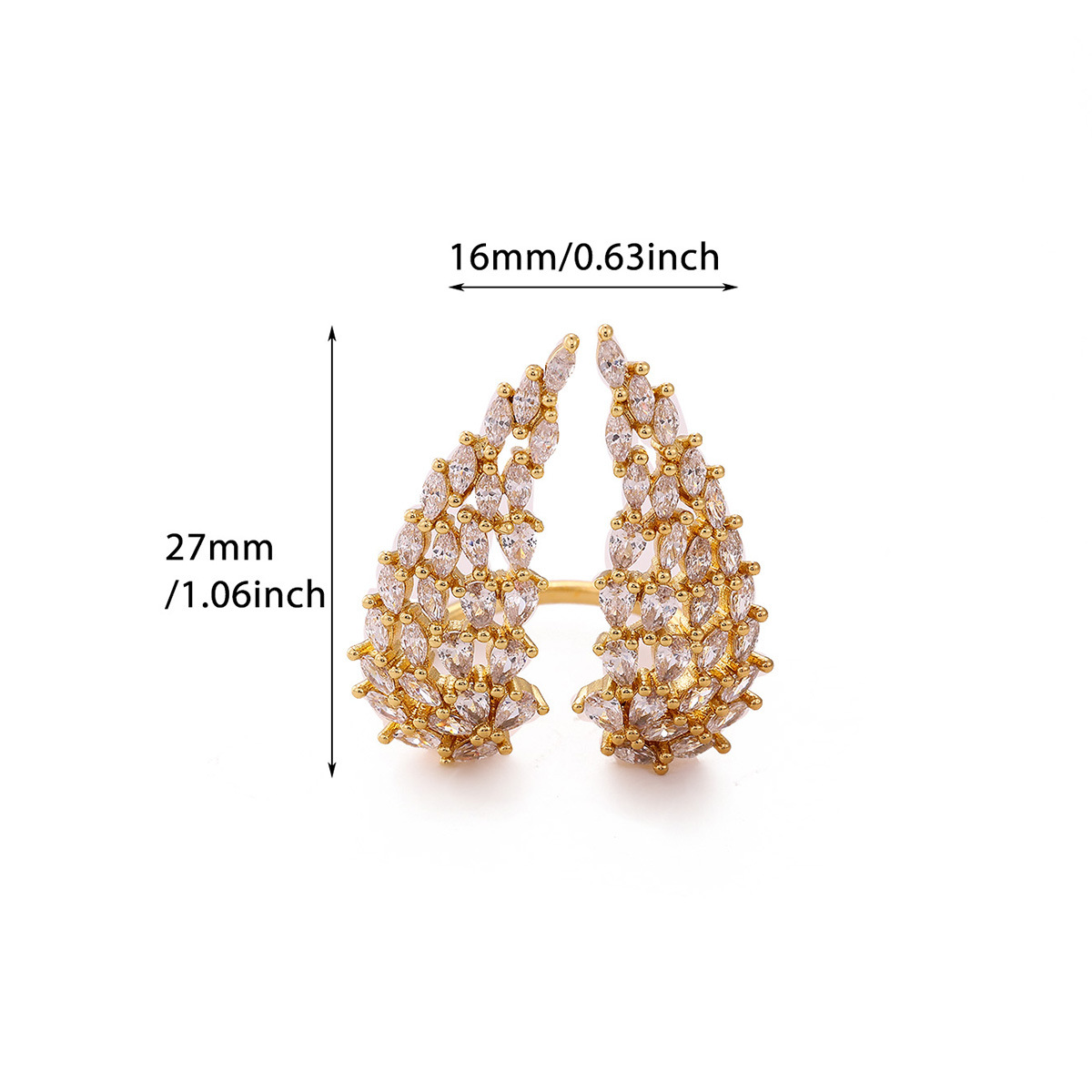 Retro Elegant Camellia Heart Ring 18K Gold Plated Rhinestone Colorfast Jewelry