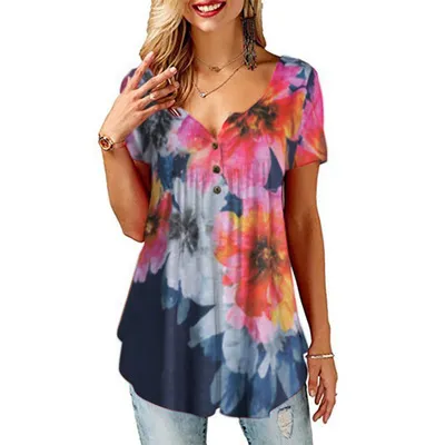 Printed V neck T shirt Cross border European And American Women's Short Sleeves Blue - Shop at LoveMi