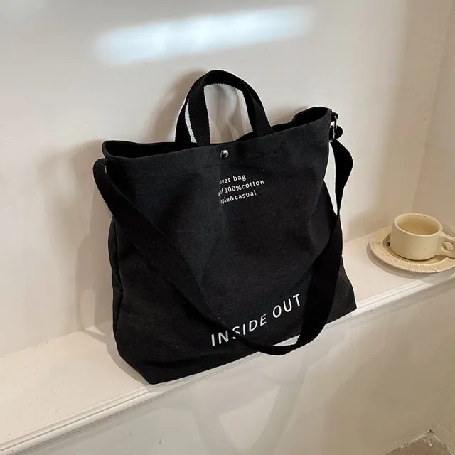 Large capacity Canvas Bags Women Casual Fashion Totes Alphabet Print Shoulder Bag With Adjustable Strap Retro Handbag For Shopping Black - Shop at LoveMi