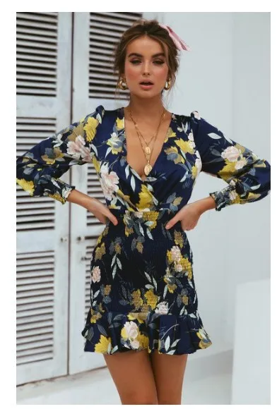 Printed V Neck Cross Elastic Waist Dress Dark Blue - Shop at LoveMi
