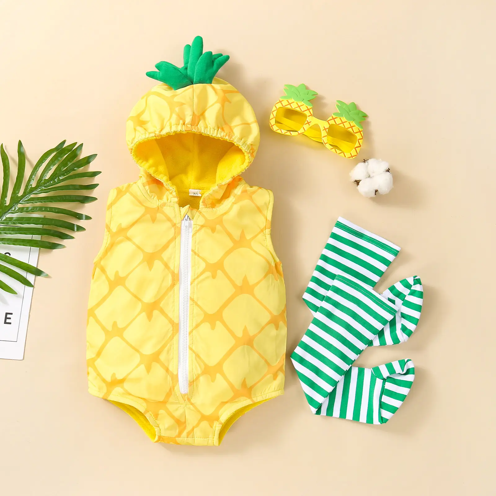 Foreign Trade Children's Wear Baby Hooded Triangle Jumpsuit Infant Toddler Spring Fruit Shape Sleeveless Romper Striped Long Socks Two-piece Set