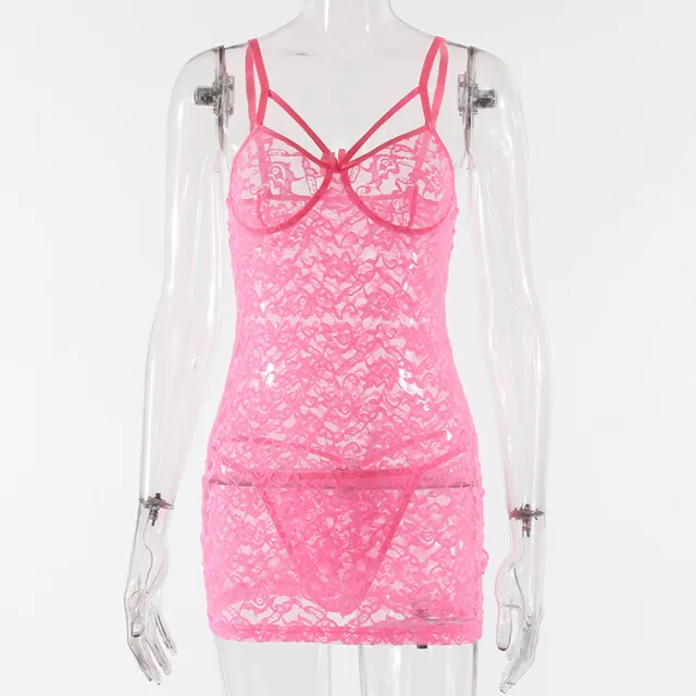 Sexy Sling Lace Skirt See through Lace Pajama Dress Pink - Shop at LoveMi