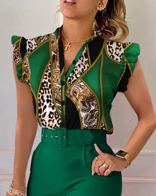 Printed Ruffle Sleeve Top Solid Color Pants Suit With Belt Ocean Green - Shop at LoveMi
