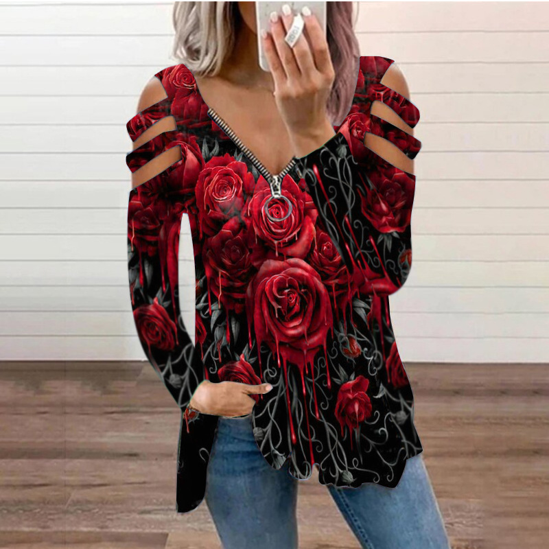 Title 1, Ladies Liquid Rose Petal Hollow Long Sleeve T-S...