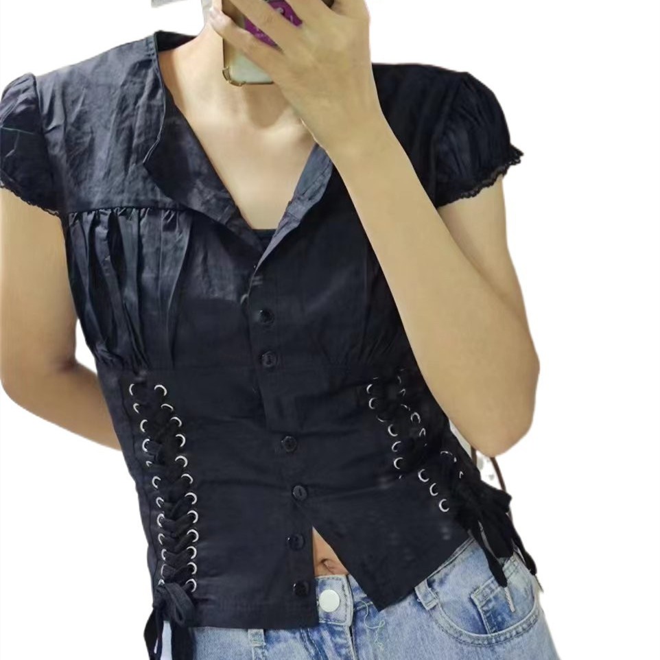 Women's Fashion Round Neck Pleated Chest Side Waist Belt Cardigan Top