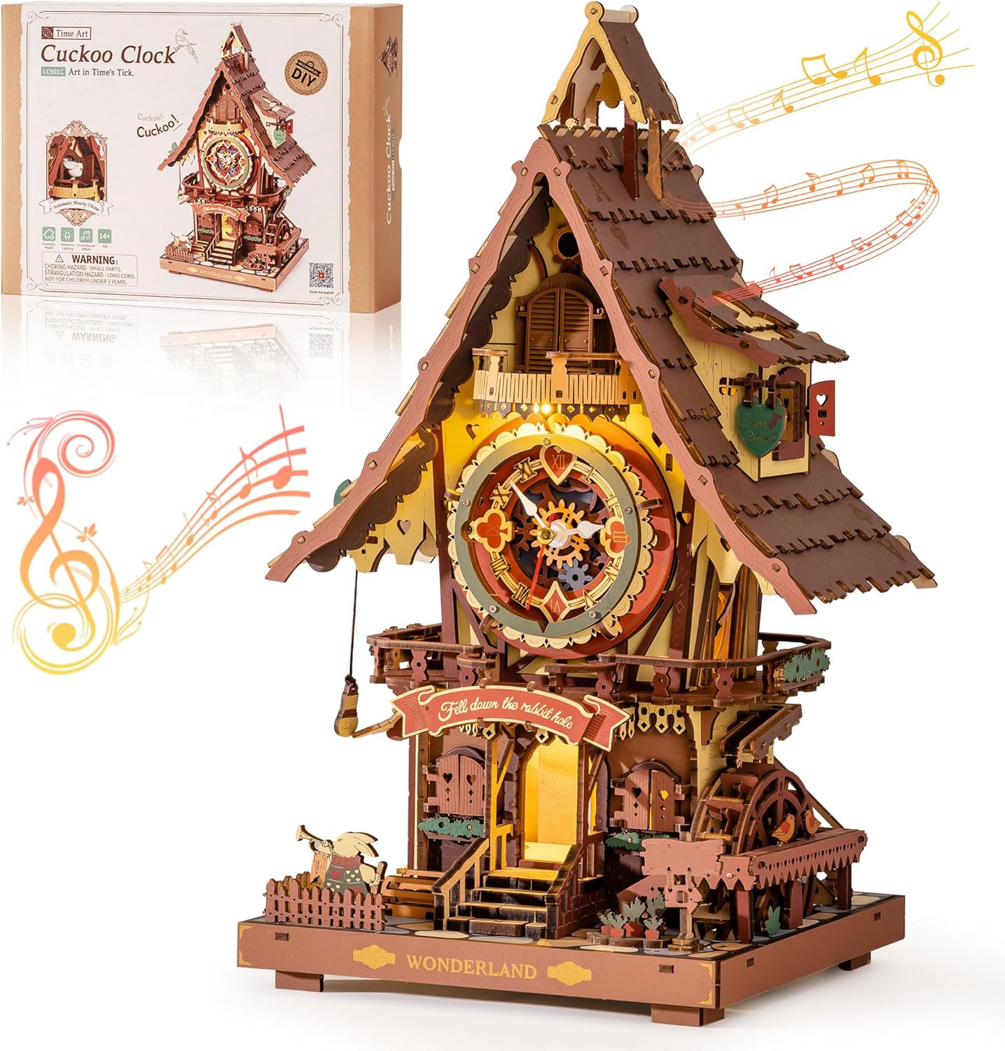 ROKR 3D Wooden Cuckoo Clock Puzzle, A Fun 3D Clock Puzzle Toy With LED Lights And Cuckoo Sounds, 435-piece Mechanical Wall Clock DIY Assembly Set, Suitable For Adults,LC901C