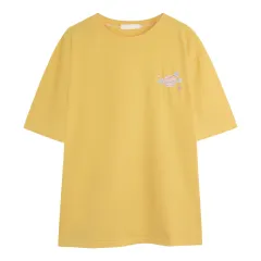 Embroidered Print Short Sleeve T-Shirt Loose Top - Yellow - View 1