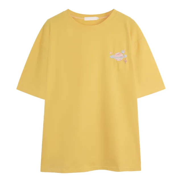 Embroidered Print Short Sleeve T Shirt Loose Top Yellow - Shop at LoveMi