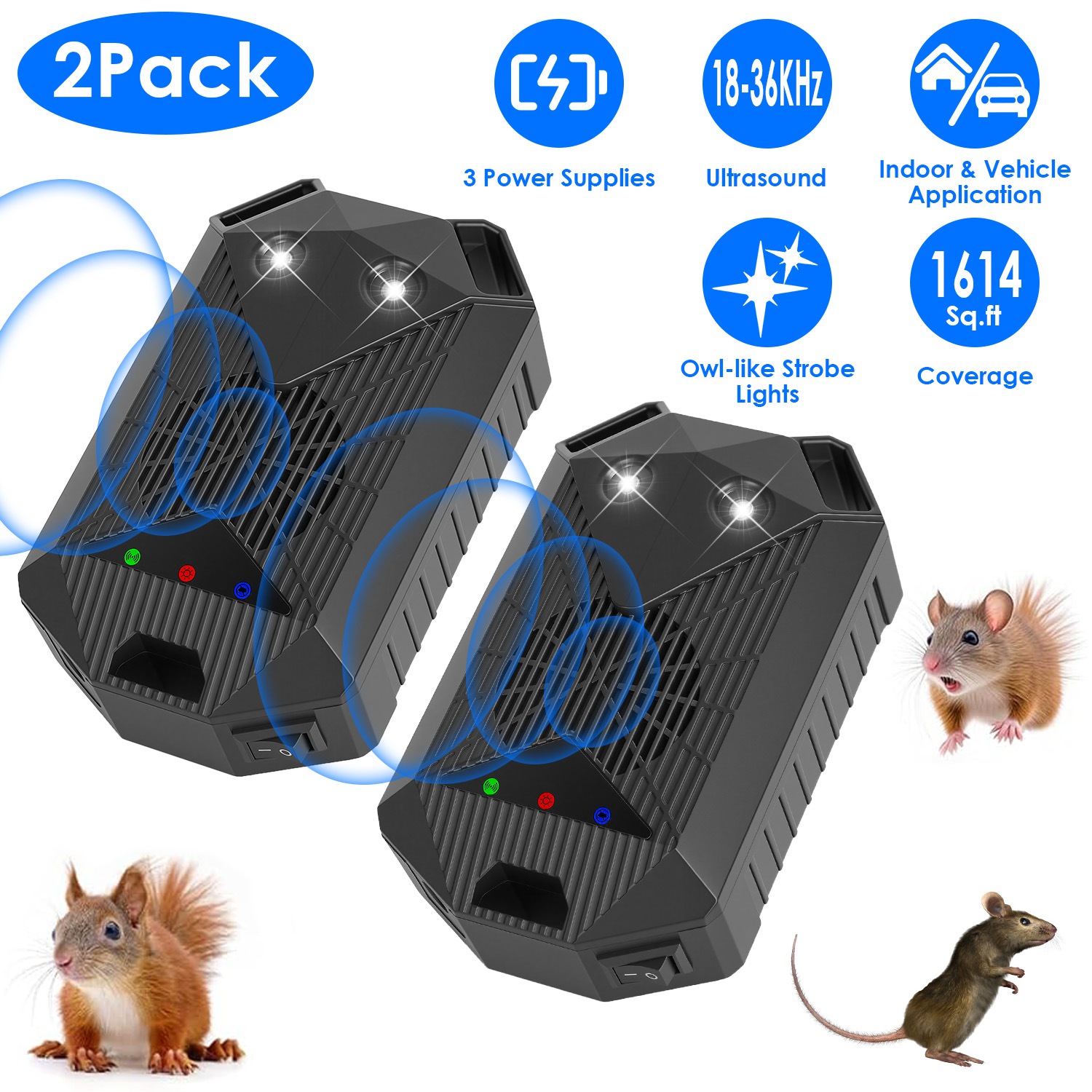 2 Pack Under Hood Ultrasonic Rodent Repeller Rodent Control Deterrent Chaser Blocker For Vehicle Indoor With Strobe Light 3 Power Supplies