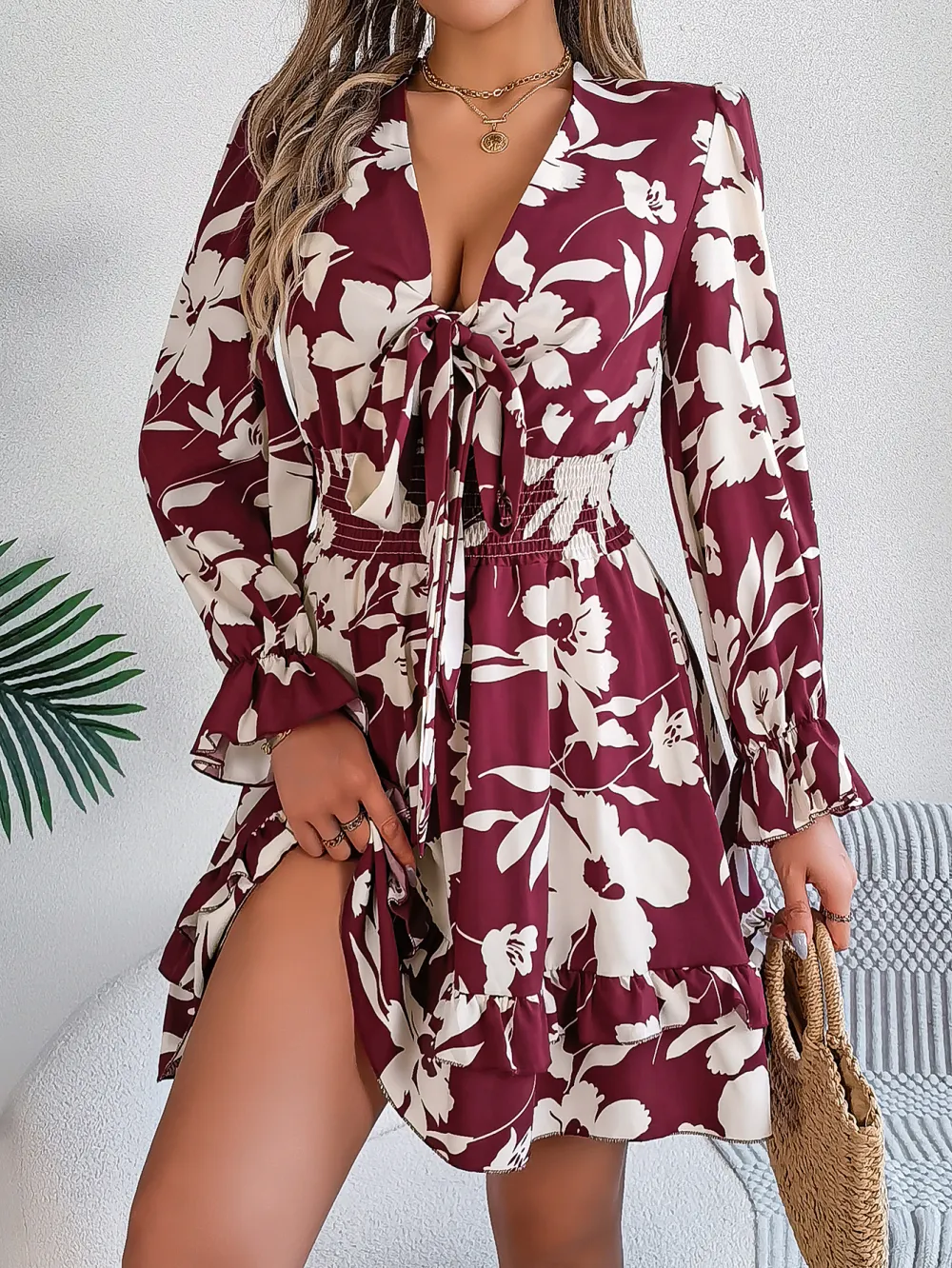 Women's Floral Long Sleeve Scalloped Hem A-Line Dress