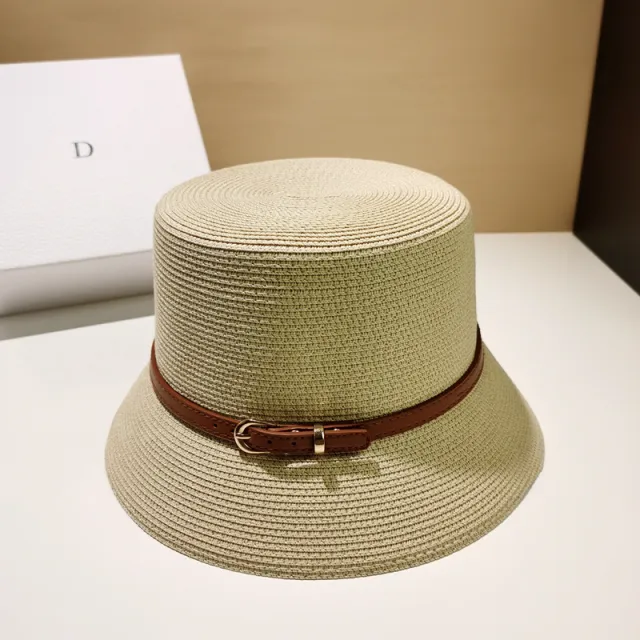 Straw Breathable Flat Top Hat With Belt Buckle Beige - Shop at LoveMi