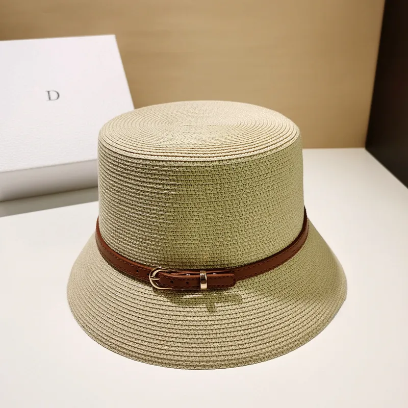 Straw Breathable Flat Top Hat With Belt Buckle - Beige