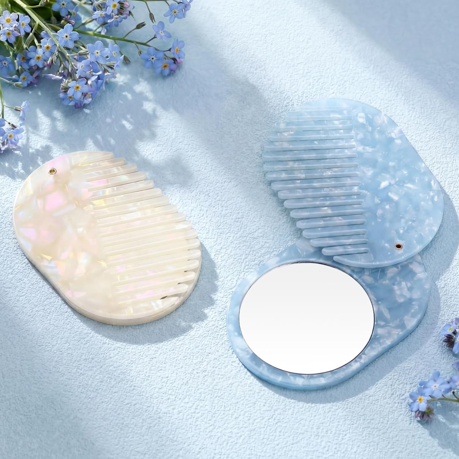 2 Pcs Tortoise Shell Combs With Mirror Mini Portable Folding Hair Comb Travel Compact Pocket Acetate Brush For All Hair Types Bridesmaid Bridal Shower Gift Wedding Favor