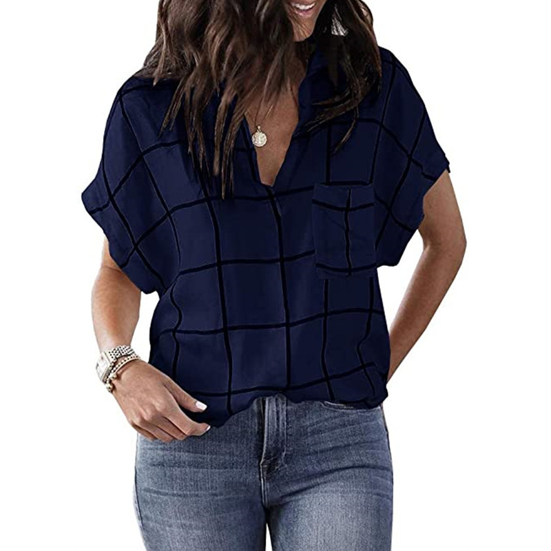 Check Print Pocket V-neck Short Sleeve Shirt