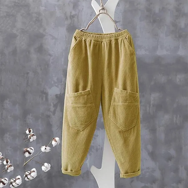 Vintage Elastic Waist Corduroy Pants Plus Size Women Yellow - Shop at LoveMi