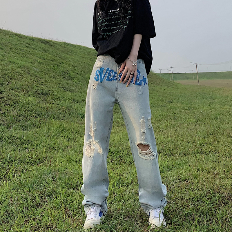 Ripped Letter Embroidered Heavy-duty Jeans