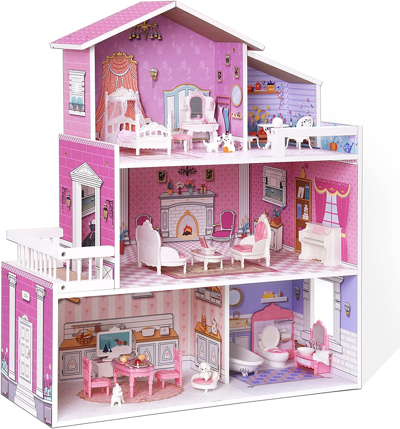 Wooden Dollhouse with Furniture for Girls Material: Wood (MDF) Size: 23.7 x 9.4 x 27.8 inches Item Weight: 16.3 Pounds Recommended Age: 8+