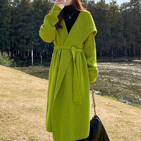 Green Alpaca Wool Sweater Coat Thickened Loose Knitted Cardigan