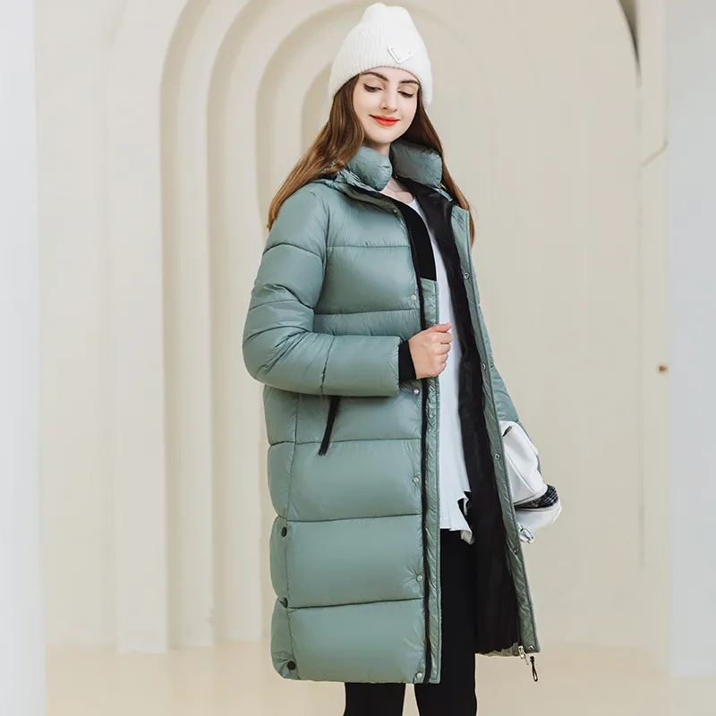 Winter Warm Hooded Coat With Pockets Fashion Simple Long Cotton Jacket Solid Color Outwear Women's Clothing - Blue