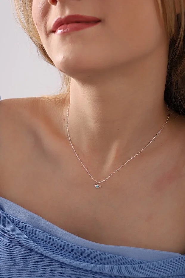 925 Sterling Silver Eye Necklace With Turquoise Stone Eyelash Design