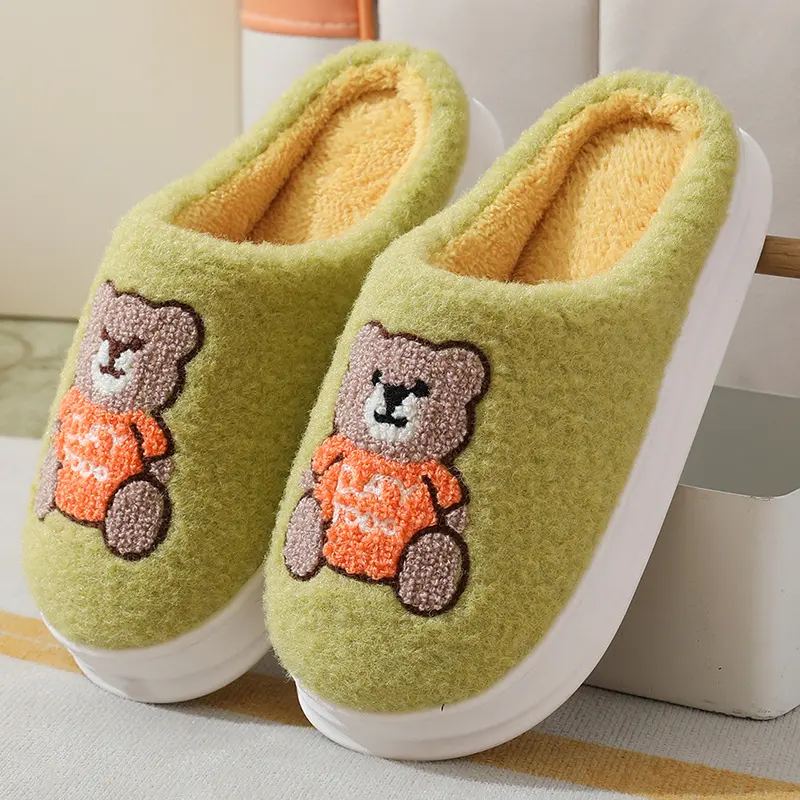 Lovely Cartoon Bear Woolen Slippers for Women Winter Indoor