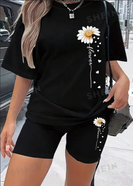 Women's Summer Flower Printed Loose T Shirt And Shorts Set Black - Shop at LoveMi