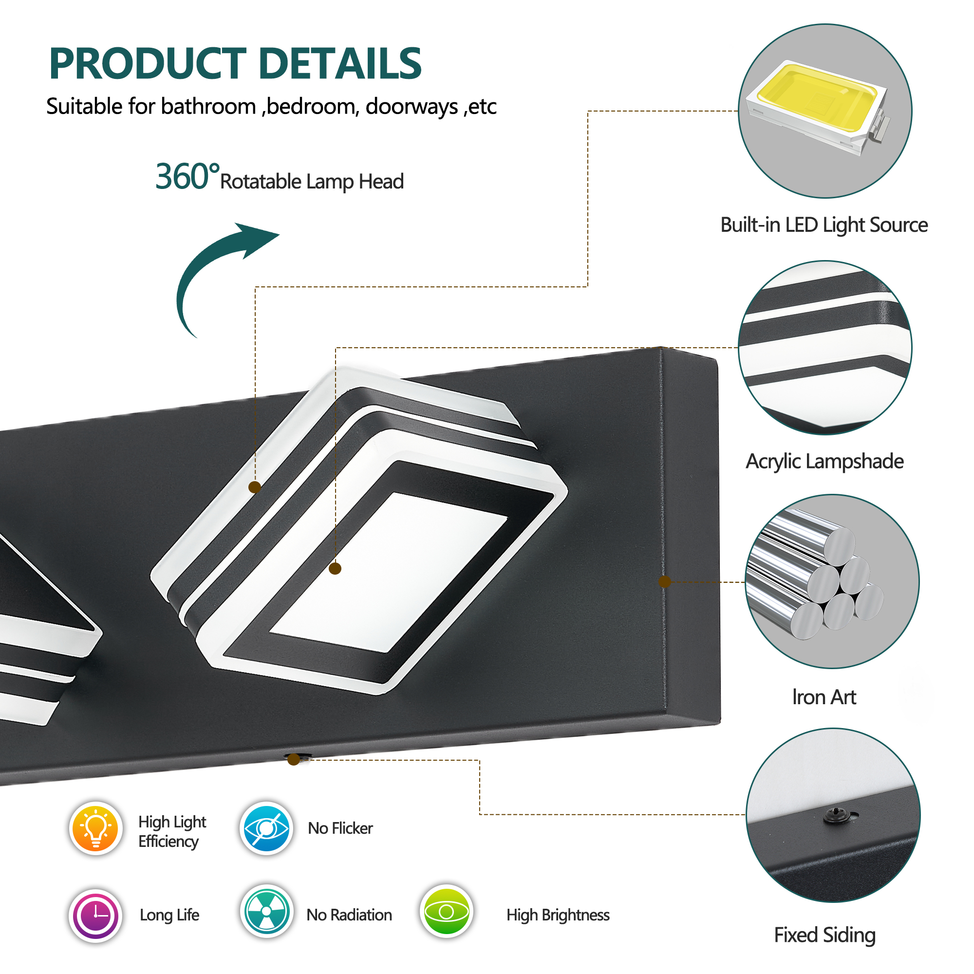 Matte Black Vanity Light Fixtures 3 Lights Up And Down LED Modern Bathroom... 5