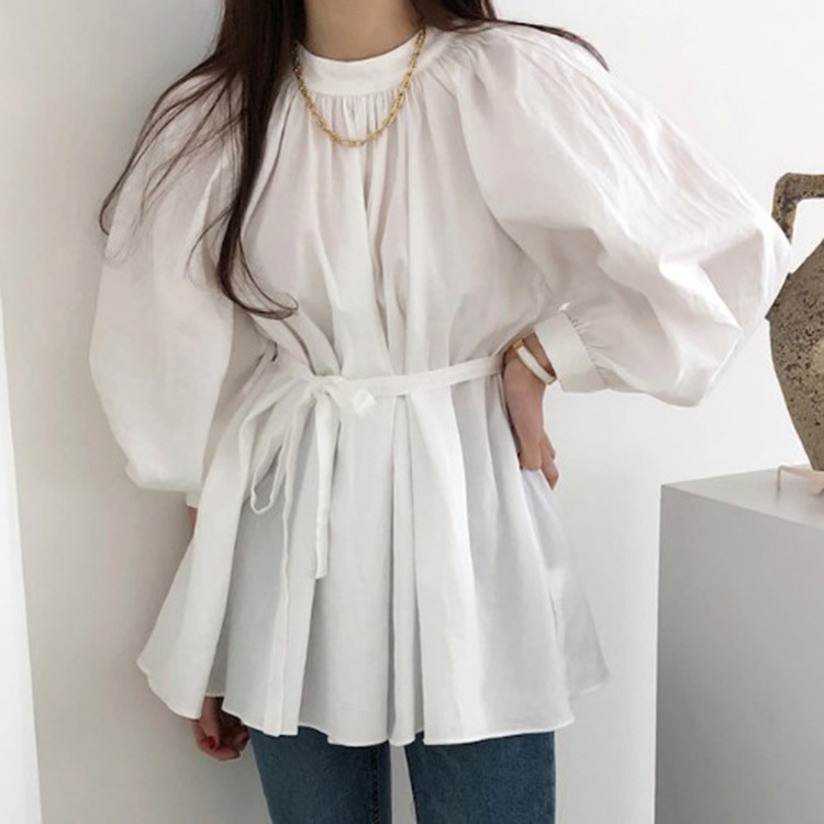 Title 2, Pleated Shirt With Waistband And Lantern Sleeve