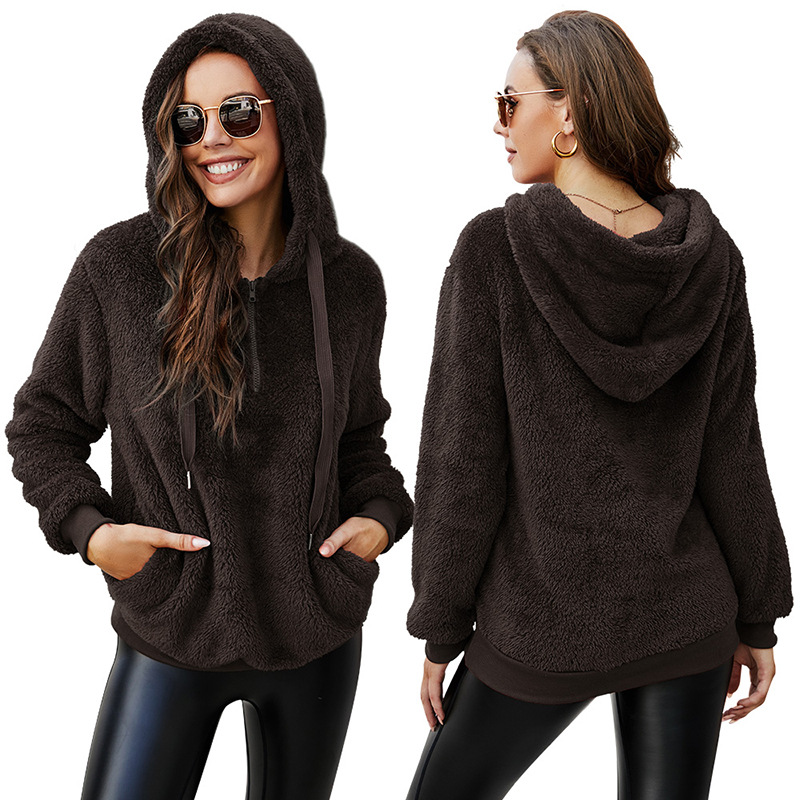Long Sleeve Zipper Hooded Collar Solid Color Women's Sweatshirt Fleece Jacket