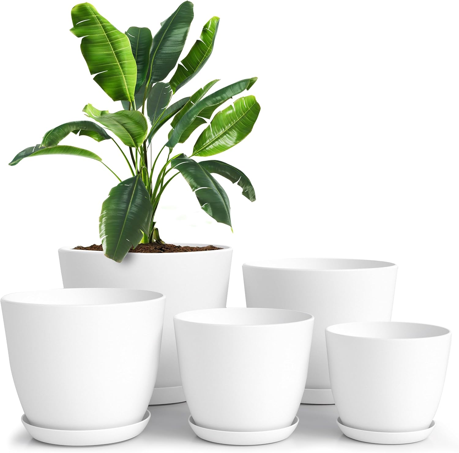 White Indoor Plant Pots 5 Units, Multi Size Planter Set With Drainage Holes For Succulents, Herbs, Flowers And Home Decor