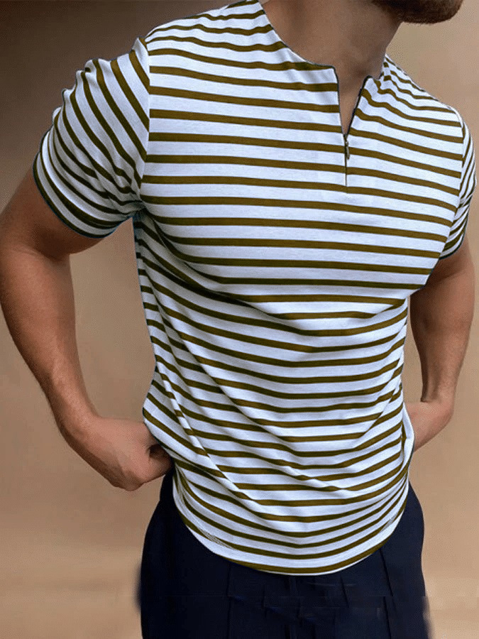 Summer V-neck Striped Cotton Casual Men's T-shirt
