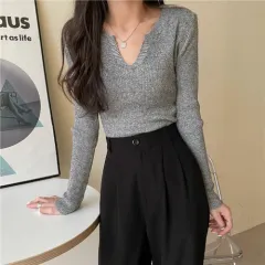 Brown Knitted Long-sleeved V-neck Bottoming Shirt For Women - Grey - View 1