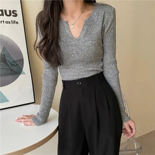 Brown Knitted Long sleeved V neck Bottoming Shirt For Women Grey - Shop at LoveMi