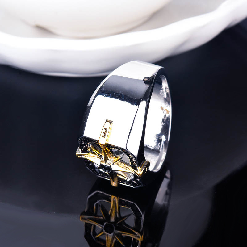 Silver Vintage Men's Compass Seal Two-tone Ring