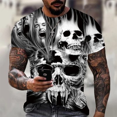 Title 4, 3D Digitaldruck Schädel Fashion T-Shirt mit kur...