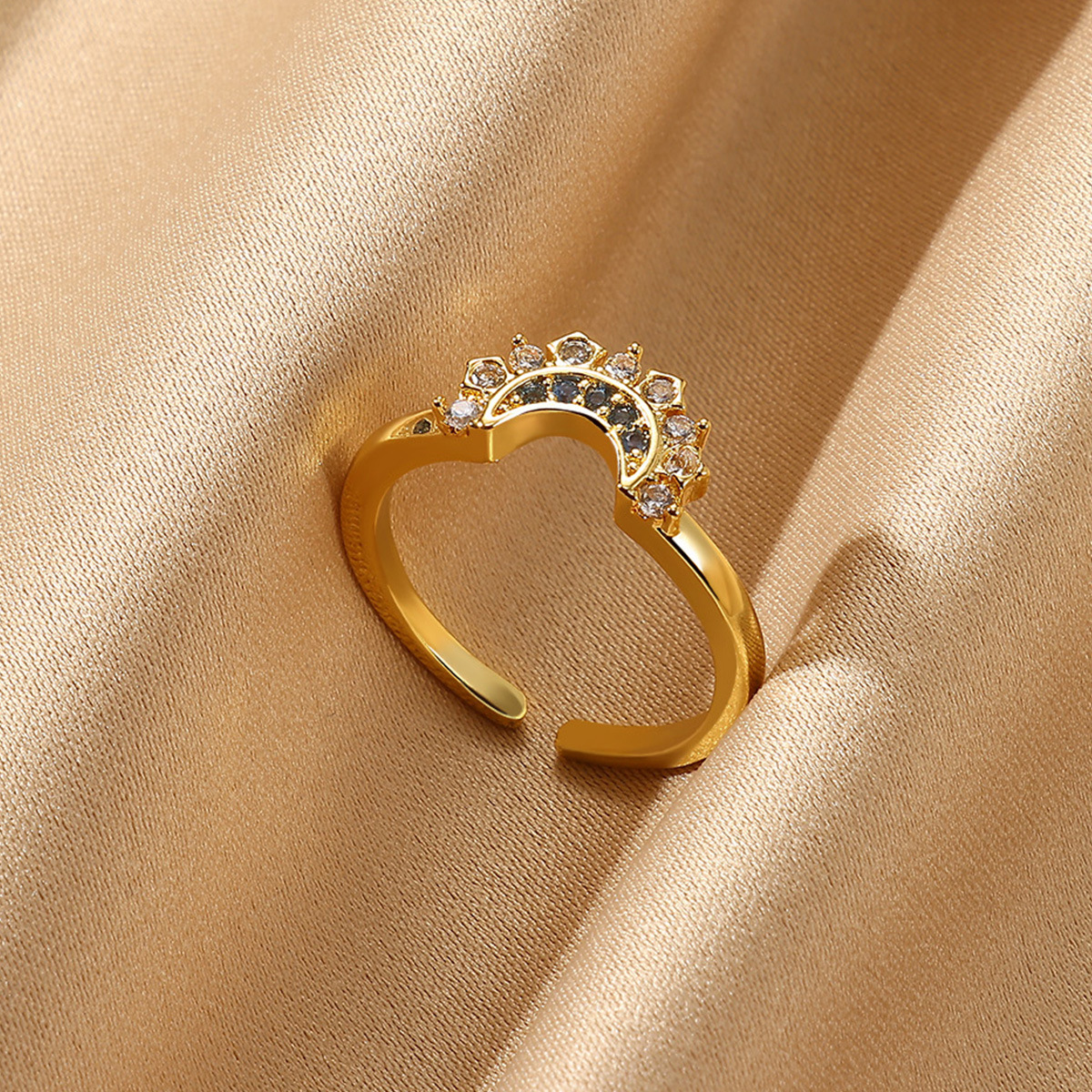 Copper Plated 18K Gold Color Zircon Ring, Luxury Minimalist INS Style Leaf Band Jewelry For Women