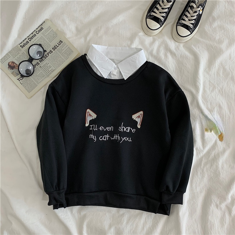 High School Students Fashion Casual Sweater Fleece Two piece Set Black Top - Shop at LoveMi