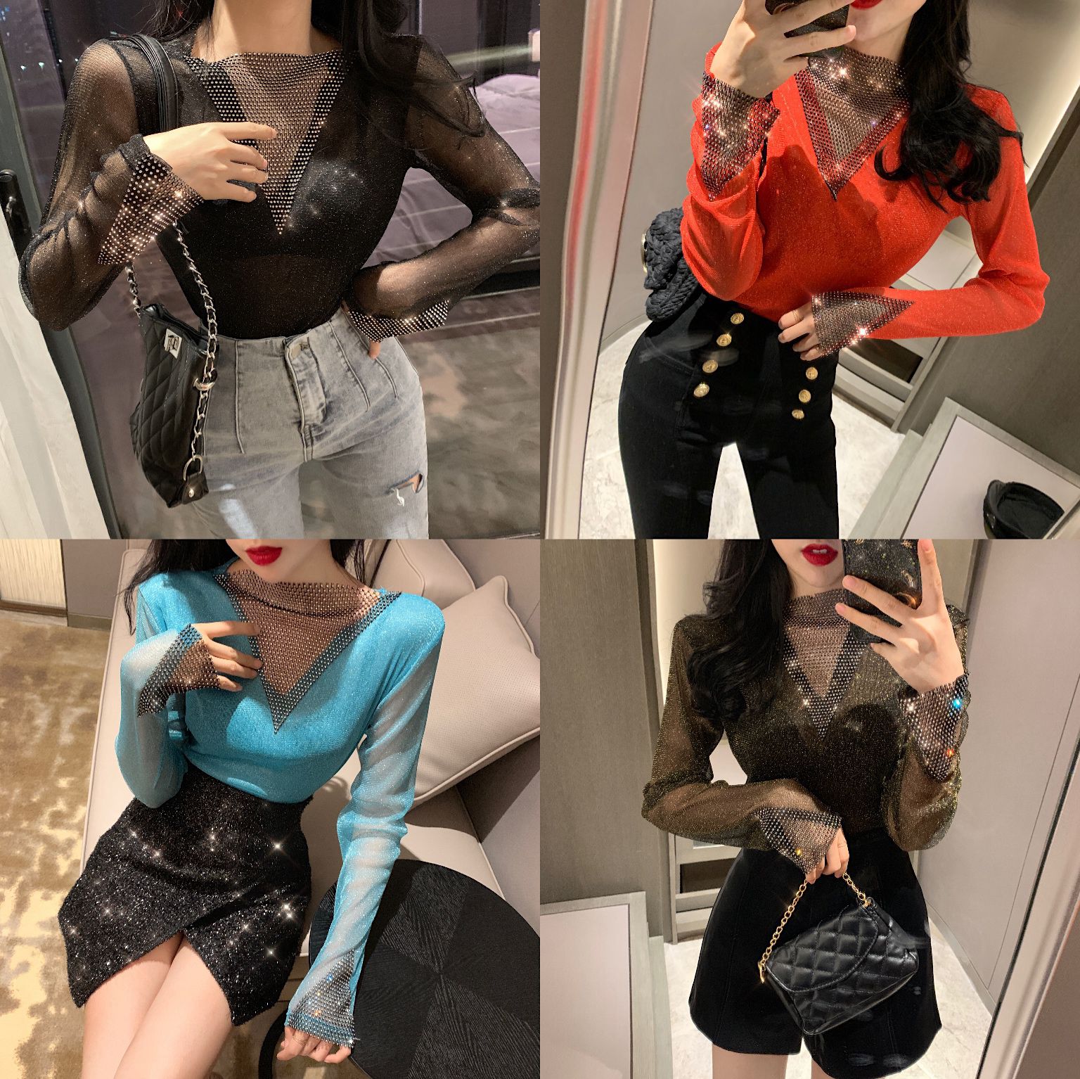 Autumn Bright Silk Mesh Yarn All-match Stitching Bottoming Shirt Long Sleeves