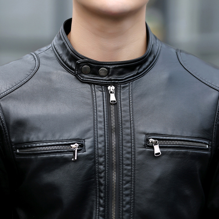 PU Leather Jacket Korean Slim Stand Collar Leather