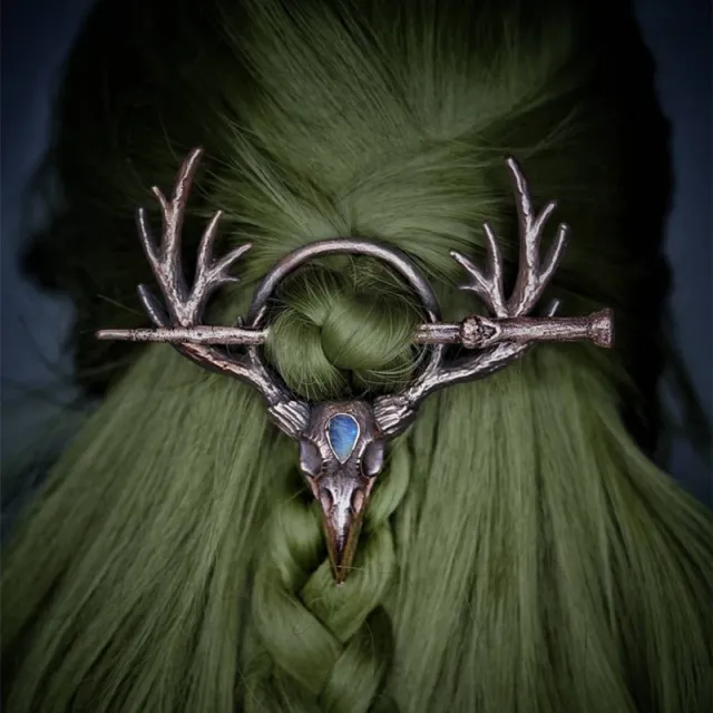 Gothic Retro Crow Skeleton Moonlight Stone Deer Horn Women's Hairpin Bronze - Shop at LoveMi