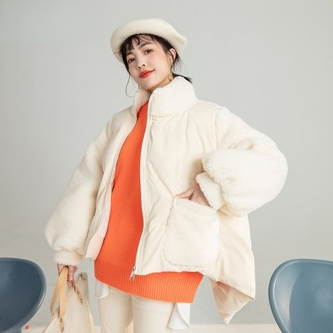 Women's Lamb Wool Stitching Short Cotton Jacket