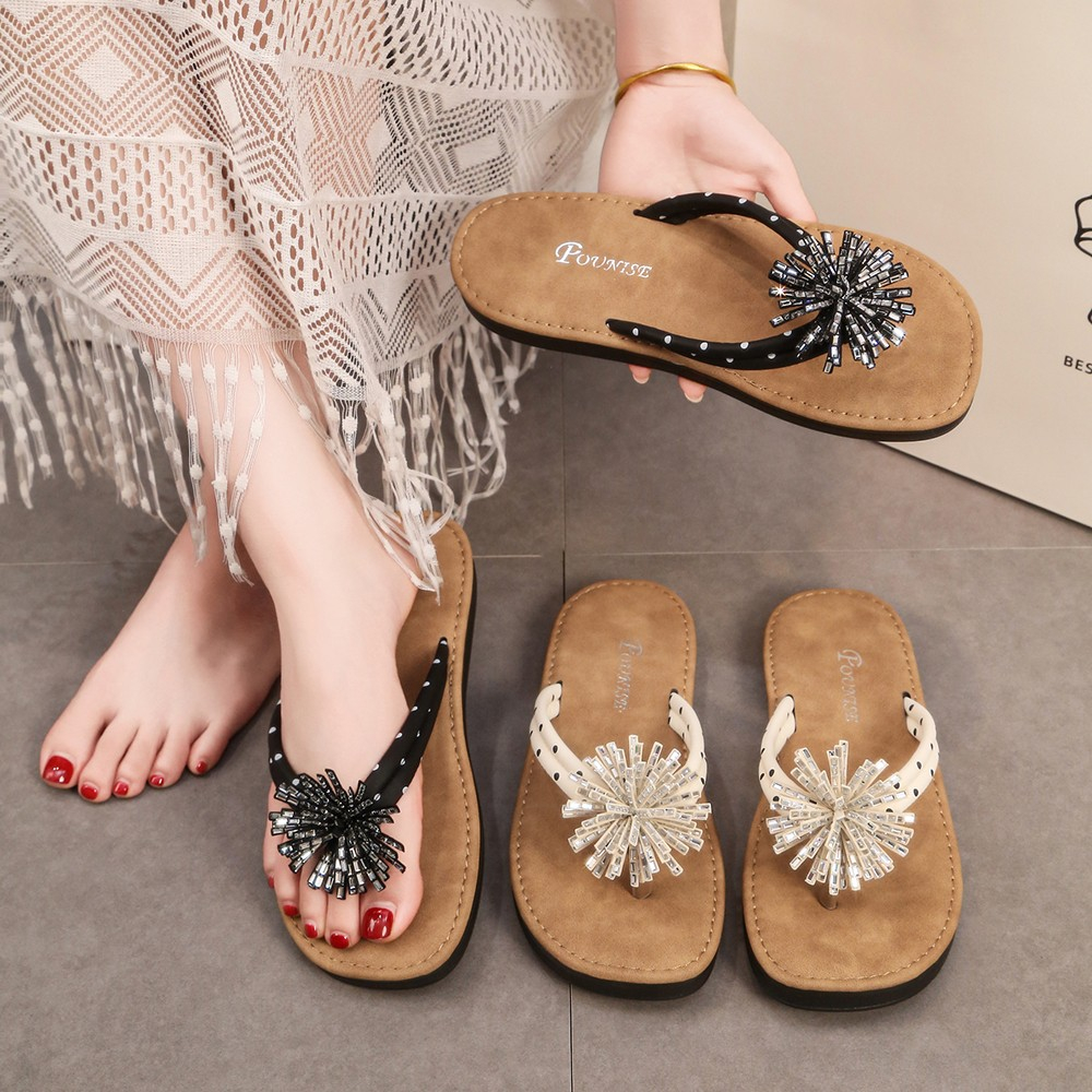 Women Bling Firework Rhinestone Flat Flip Flops Matching Casual Daily