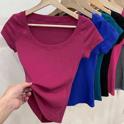 Cotton T shirt Women's Short Sleeve Low Collar Collarbone Red - Shop at LoveMi