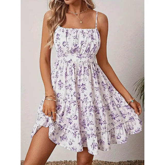 Womens Summer Floral Print Smocked Mini Dress Sleeveless Spaghetti Strap Slim Fit Flowy Dresses Purple - Shop at LoveMi