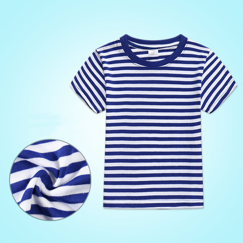 Children's Blue And White Stripes Round Neck Short Sleeve