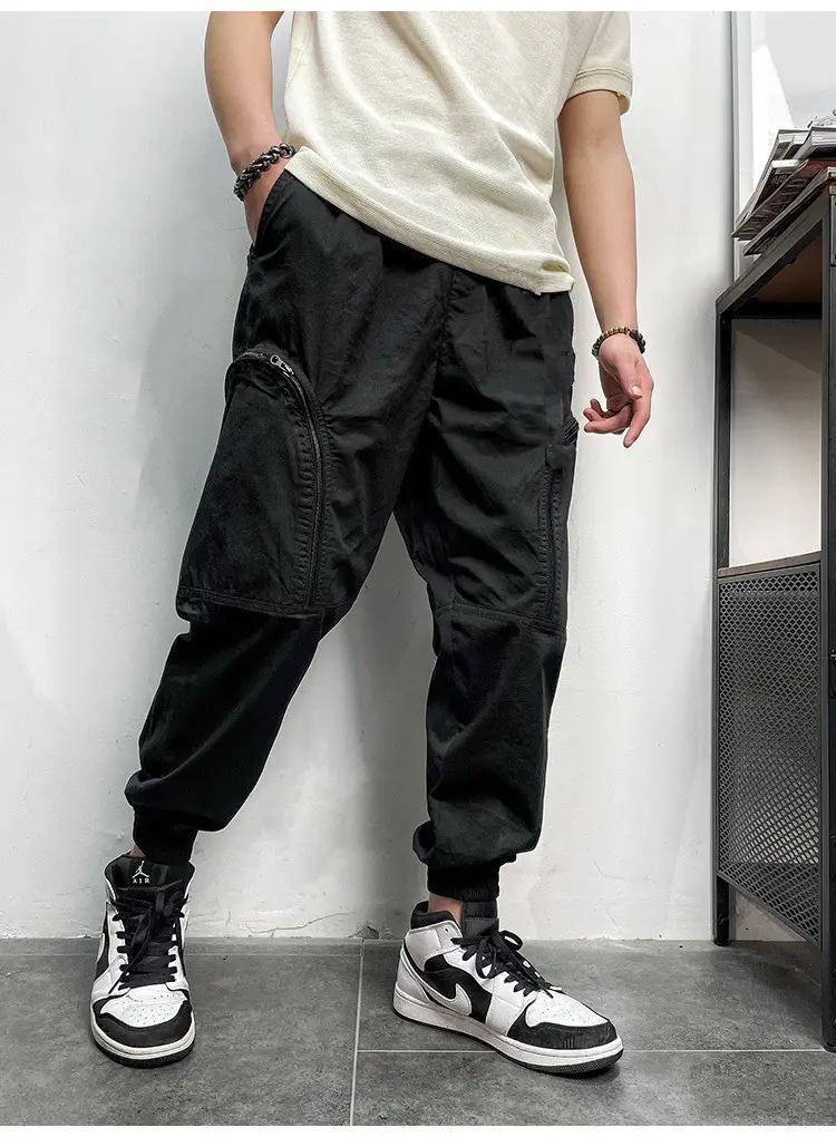 Men's Elastic Waist Zipper Big Pockets Drawstring Sports Cargo