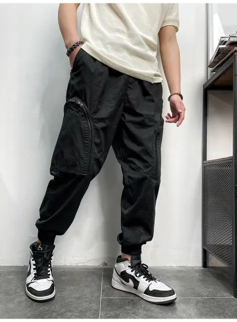 Men's Elastic Waist Zipper Big Pockets Drawstring Sports Cargo
