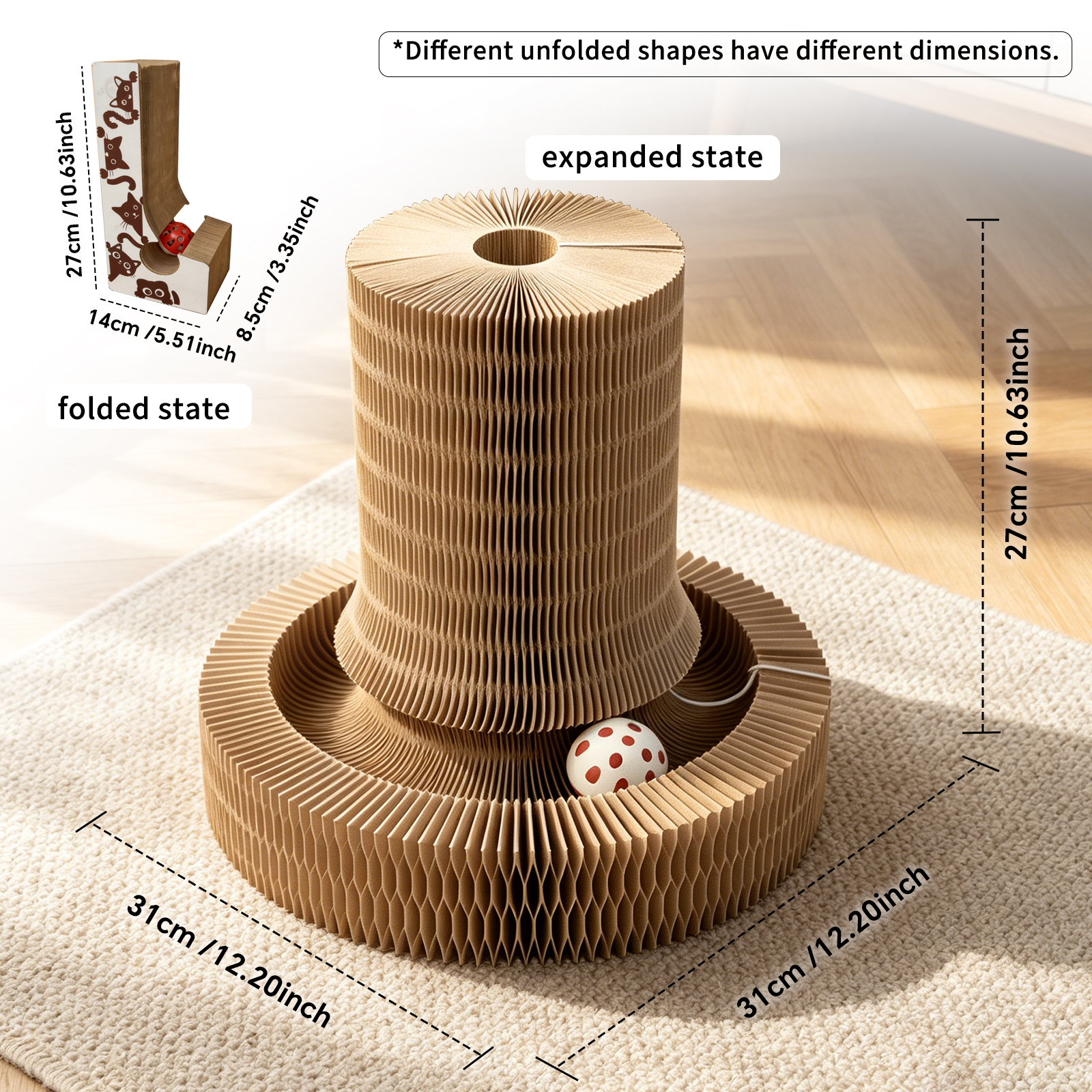 Multi-form Foldable Magic Organ Cat Scratcher Corrugated Cardboard Scratch Board Interactive Cat Toy With Rolling Bell Ball Indoor Kitten Grinding Claw Furniture