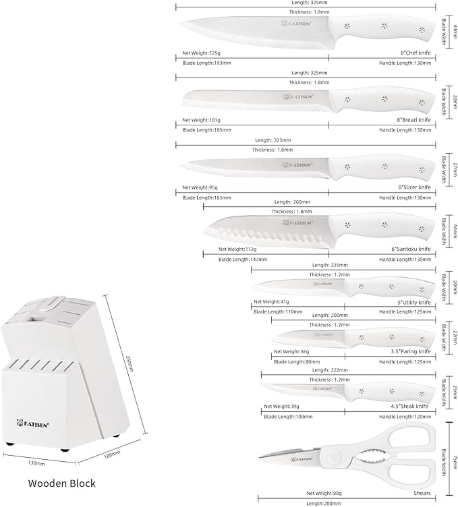 15-Piece White Kitchen Knife Set With Built-in Sharpening Stone, Ergonomic Triple Rivet Fixed Handles, Dishwasher Safe